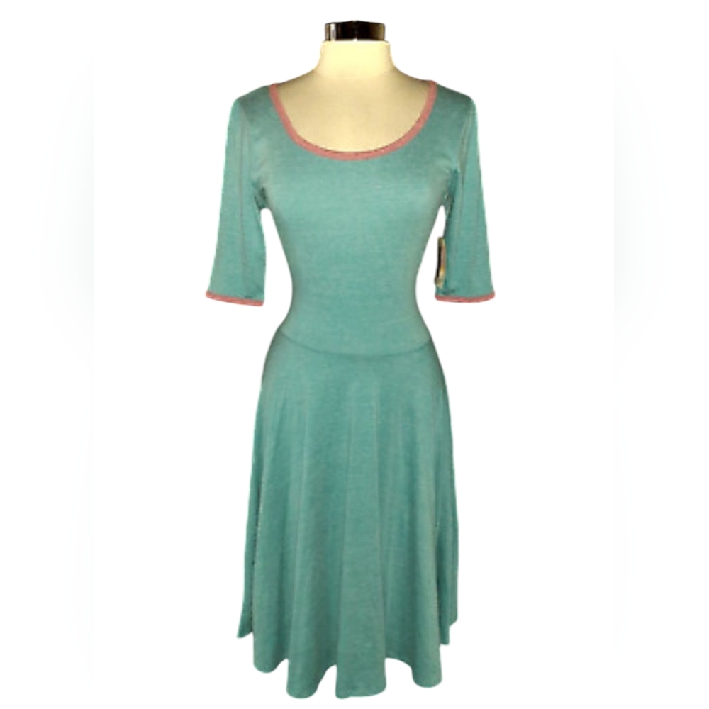 NEW LULAROE Size XS Nicole Dress Green & Pink Short Sleeve Knee Length